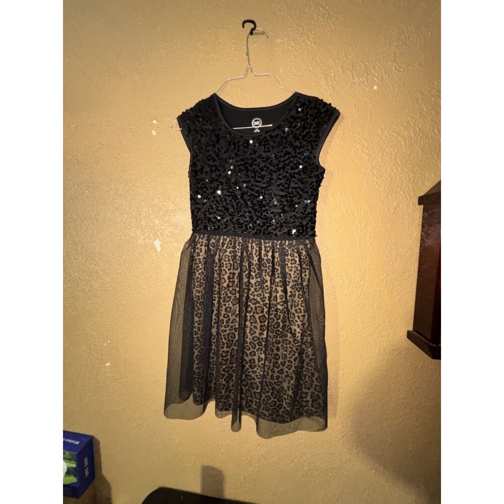 Wonder Nation Girls Black Sequin Top Leopard Print Tulle Skirt Dress